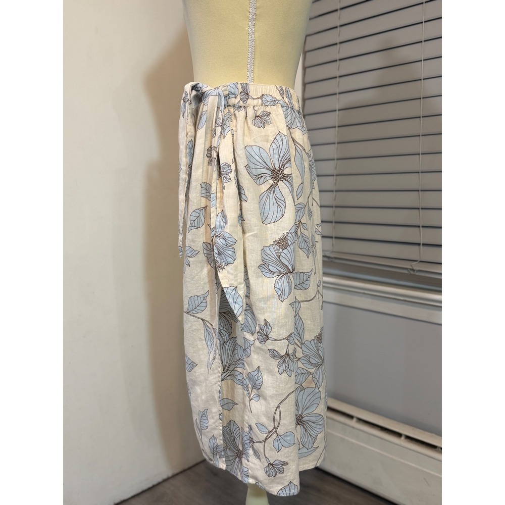 Cynthia Rowley 100% Linen Floral Wrap Midi Skirt Size Medium Blue Cream - Picture 4 of 13